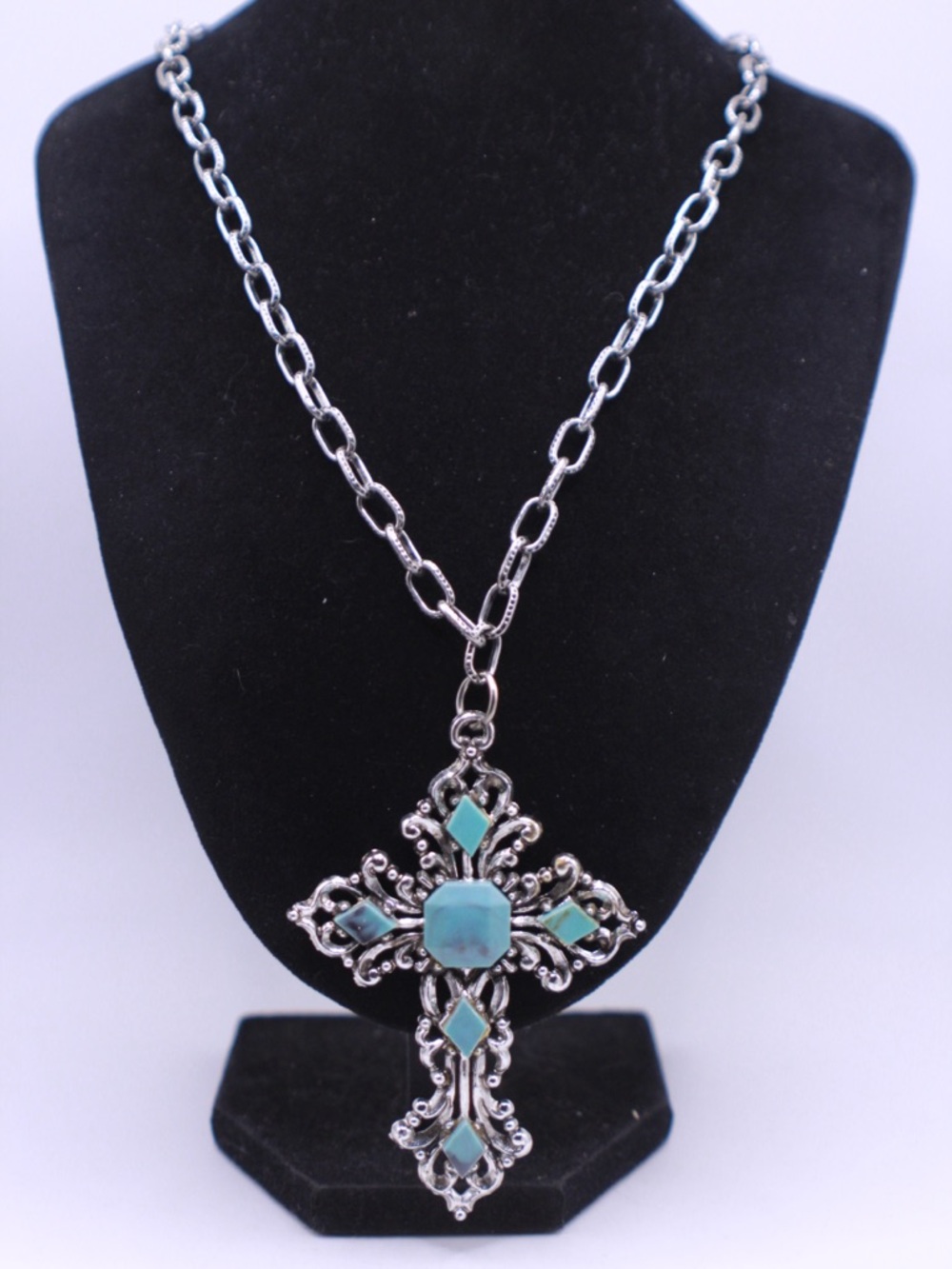 Silver-Tone acrylic Turquoise tone Cross Pendant Necklace for Women